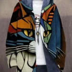Men Cardigans Coats Cozy Art Cats Kitty Graphics Printed Mid Fleece Plush Thick Winter Casual Streetwear Unisex Clothing