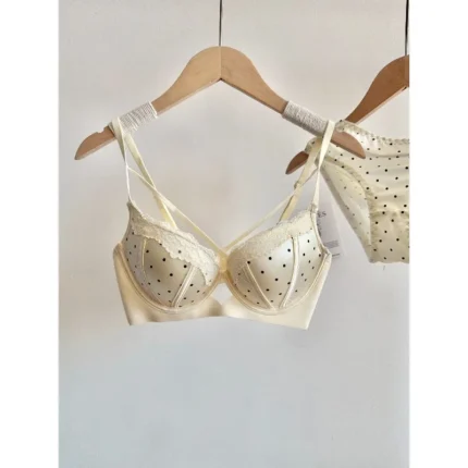 Women Sexy French Lace Push Up Bra Set Polka Dot Small Cup Shaping Sweet Lingerie Breathable Underwear Daily Dating Nightwear