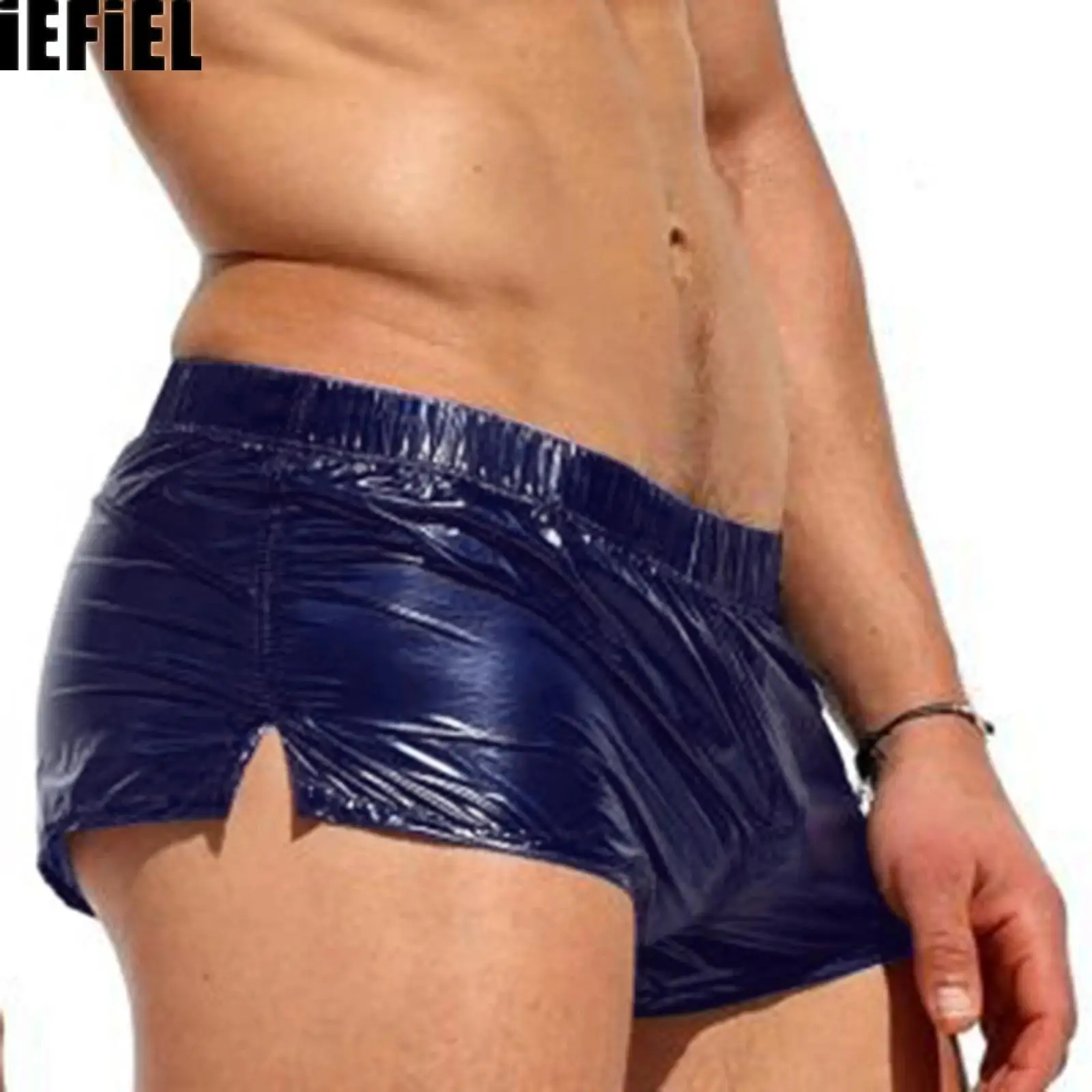 kf-Sca7bdbac93ce4d3bb40268a225f81cf9c Mens Low Rise Shorts Slim Fit Glossy Shorts Sides Slit Solid Color Trunks for Vacation Beach Pool Party Nightclub - Image 1