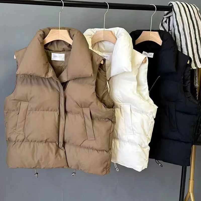 kf-Scc64f1e7c42f4e169d617b57ae457006C Zipper Down Cotton Vest Women Autumn Winter Short Loose Casual Waistcoat Women Clothing Sleeveless Jacket Top Solid Vintage Vest - Image 1