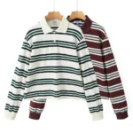 2025 Summer Ladies Polo Shirts Woman Long Sleeve Crop Top Striped Vintage Clothes Polo Shirts Mujer Streetwear Casual Tops Brown