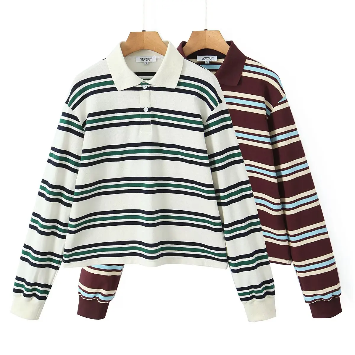 kf-Sd0e57510190a4b64aa78619d06d7329dS 2025 Summer Ladies Polo Shirts Woman Long Sleeve Crop Top Striped Vintage Clothes Polo Shirts Mujer Streetwear Casual Tops Brown - Image 1