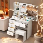 White Dressing Table Vanity Set with Sliding Mirror Frame 3-Color Dimmable LED Lights, 6 Drawers & Stool Ideal Gift Makeup Desk