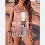 Western Fringe Vest for Women - Vintage Faux Suede Waistcoat with Tassel Trim, Boho Hippie Open Front Sleeveless Jacket