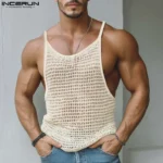 INCERUN Men Tank Tops Mesh Sleeveless Hollow Out Casual Male Vests Streetwear 2025 Solid See Through Summer Sexy Men Clothing