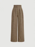 Women's plaid wide-leg trousers, retro high-waisted casual trousers, cargo style trousers with belt