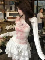 Y2k Cat Print White Off shoulder Long sleeve T shirt Women Front Pink Lace Bow Tied Basic Tops Lady Slim fit Korean Chic Tees