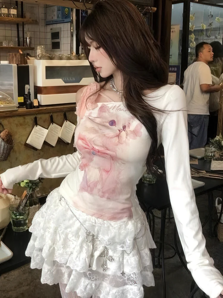 kf-Sd7497e1bc8084b829fe0b2015a80f5641 Y2k Cat Print White Off shoulder Long sleeve T shirt Women Front Pink Lace Bow Tied Basic Tops Lady Slim fit Korean Chic Tees - Image 1