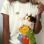 Colorful Stacked Cats Women's Tee - Cute Cartoon Feline Graphic, Playful Print for Casual Daily Wear