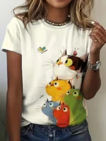 Colorful Stacked Cats Women's Tee - Cute Cartoon Feline Graphic, Playful Print for Casual Daily Wear