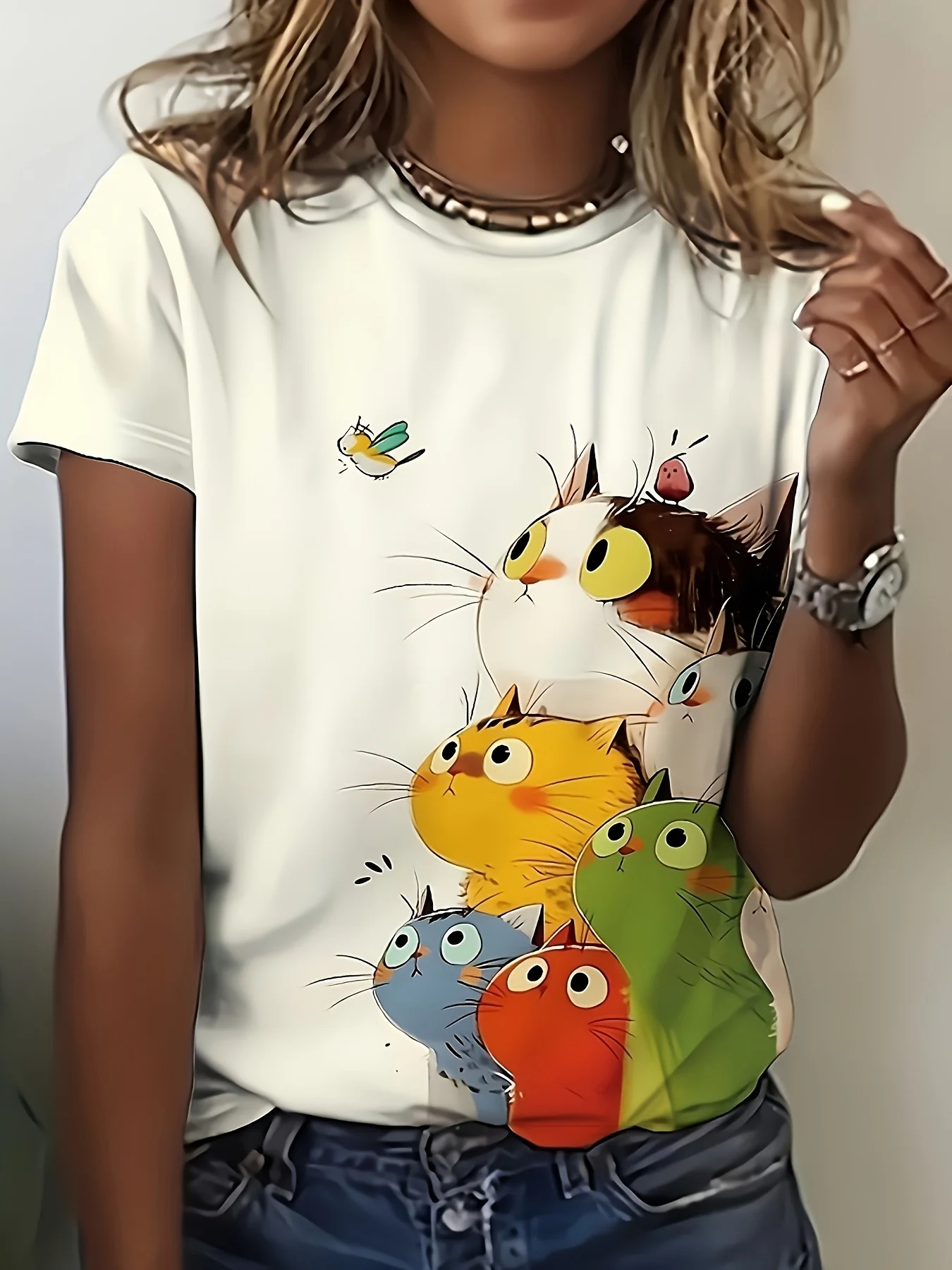 kf-Sd874e1dc3a584e79a8e926af61aedaf6Q Colorful Stacked Cats Women's Tee - Cute Cartoon Feline Graphic, Playful Print for Casual Daily Wear - Image 1