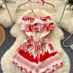 SINGREINY Bohemian Halter Holiday Bodysuits Backless High Waist Lace Up Ruffle Pocket Lazy Slim Women Summer Print Beach Rompers
