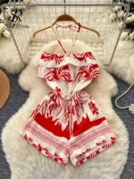 SINGREINY Bohemian Halter Holiday Bodysuits Backless High Waist Lace Up Ruffle Pocket Lazy Slim Women Summer Print Beach Rompers