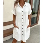Summer Solid Simple Short Sleeve Shirt Dress Women's Turn-down Collar Single Breasted Casual Elegant Ladies Loose Dresses