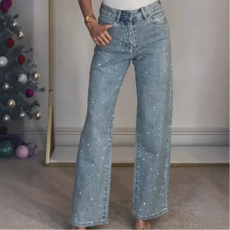 kf-Sda5c75f285dd41aabc3dd5a75918a868U 2025 Women Jeans Straight Diamonds Pants Stretch High Waist Washed Mom Jeans Y2k Streetwear Trousers Vintage Denims Streetwear - Image 1