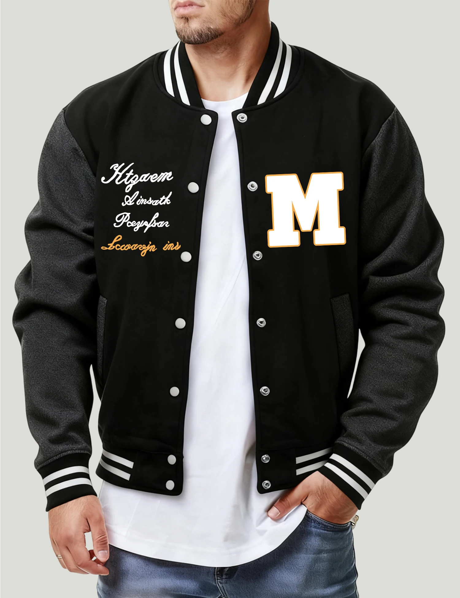 kf-Sdac7d64c283443ee85b0067797de40bau Artistic Letters And M Print Baseball Jersey Male Fashion Button Top Vintage Loose Jacket Unisex Fleece Soft All-Match Clothing - Image 1