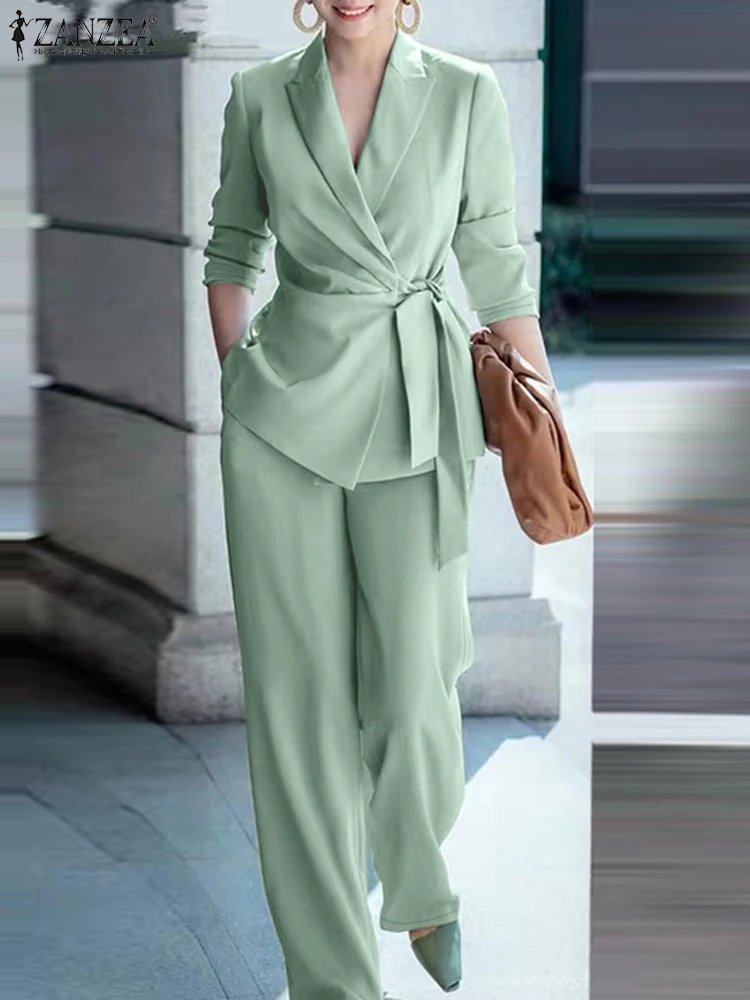 kf-Sdf29c46a87344aca964907bae74d197cp ZANZEA Classy Office Lady Blazer Suits Elegant Women Tied Waist Top and Pant 2pcs Outfit 2025 Trend Streetwear Commute Pant Sets - Image 1