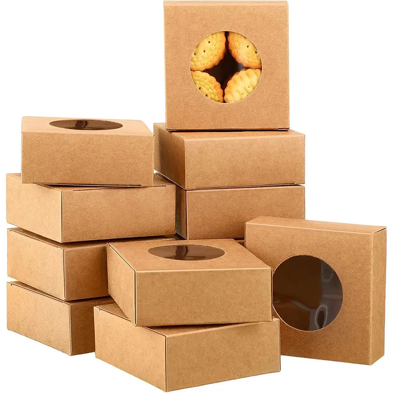 kf-Se03bd2f6cda94f68afd7a49ff82b1a21x 10/20/30/50pcs Kraft Paper Box,Square Small Gift Box with Round Clear Window,Paper Gift Packaging Box,for Wedding Party Birthday - Image 1