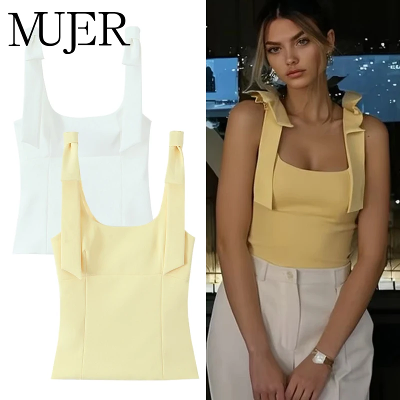 kf-Se1de7a55d2de41dc953970794914cf2bX MUJER 2025 Bow Crop Top Woman Yellow Sexy Backless Top Women White Sleeveless Tops for Women Summer Camisole Bustier Top Female - Image 1