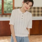 New Summer Fashion 100% Cotton Women Hollow-out Sweater T-shirt Short-sleeve Polo Collar Pullover Tees Korea Casual Knitted Tops