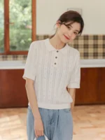 New Summer Fashion 100% Cotton Women Hollow-out Sweater T-shirt Short-sleeve Polo Collar Pullover Tees Korea Casual Knitted Tops