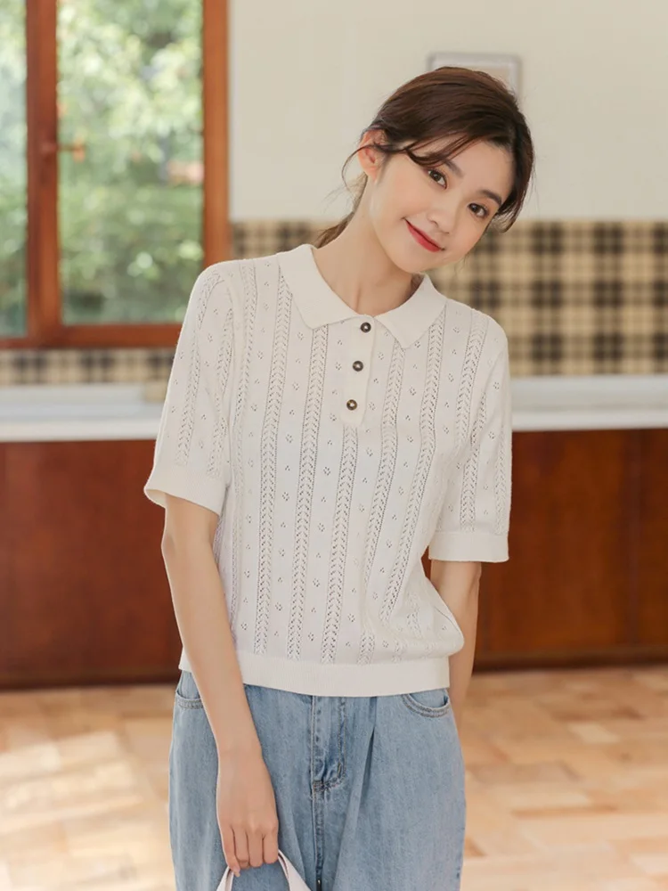 kf-Se380ac8d7e6c4cd583e554929210a3e8K New Summer Fashion 100% Cotton Women Hollow-out Sweater T-shirt Short-sleeve Polo Collar Pullover Tees Korea Casual Knitted Tops - Image 1