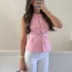 HH Summer Women Tweed Waistcoat With Belt Vintage Solid O Neck Sleeveless Front Button Vests Tops Lady High Street Outerwear