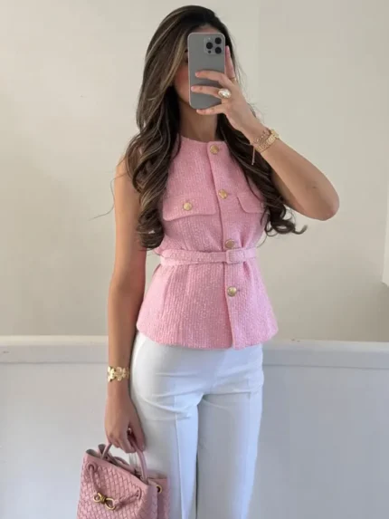 HH Summer Women Tweed Waistcoat With Belt Vintage Solid O Neck Sleeveless Front Button Vests Tops Lady High Street Outerwear