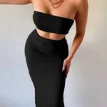 Dulzura Solid Women 2 Piece Set Tube Crop Top Midi Skirt Bodycon Sexy Streetwear Party Club Elegant Matching Co Ords 2021 Summer