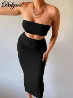 Dulzura Solid Women 2 Piece Set Tube Crop Top Midi Skirt Bodycon Sexy Streetwear Party Club Elegant Matching Co Ords 2021 Summer