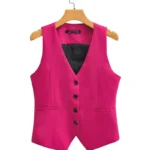 Women Fashion V Neck Sleeveless Pockets Short Vest Jacket Office Lady Single Breasted Casual Slim WaistCoat Tops CT2208