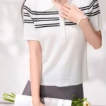 New Fashionable Polo Collar Striped Short Sleeve T-Shirt Korean Summer Preppy Style Casual Minimalist Versatile Women's Top