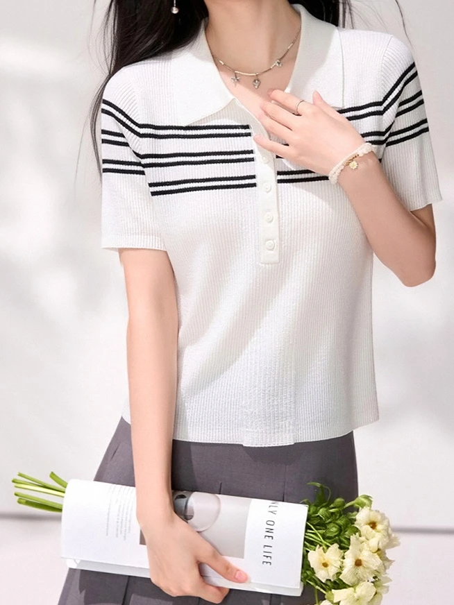 kf-Sef22dfeaf03c46289a2250ebfc534e46Y New Fashionable Polo Collar Striped Short Sleeve T-Shirt Korean Summer Preppy Style Casual Minimalist Versatile Women's Top - Image 1