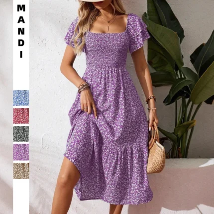 Casual Slim Printed Long Dresses For Women 2026 Fashion Summer Women's A-Line Midi Dress Elegant Vintage Female Dresses