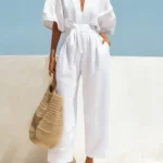 Sexy V-neck Multiple Color Long Romper Half Sleeve Pocket Pure Causal Jumpsuit Women Trendy Lace-Up Waist Cotton Linen Playsuit