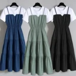 2024 Fashion Strap Fake Two piece Dress Block Summer Short sleeved Dress Women's Waist Tight Dress