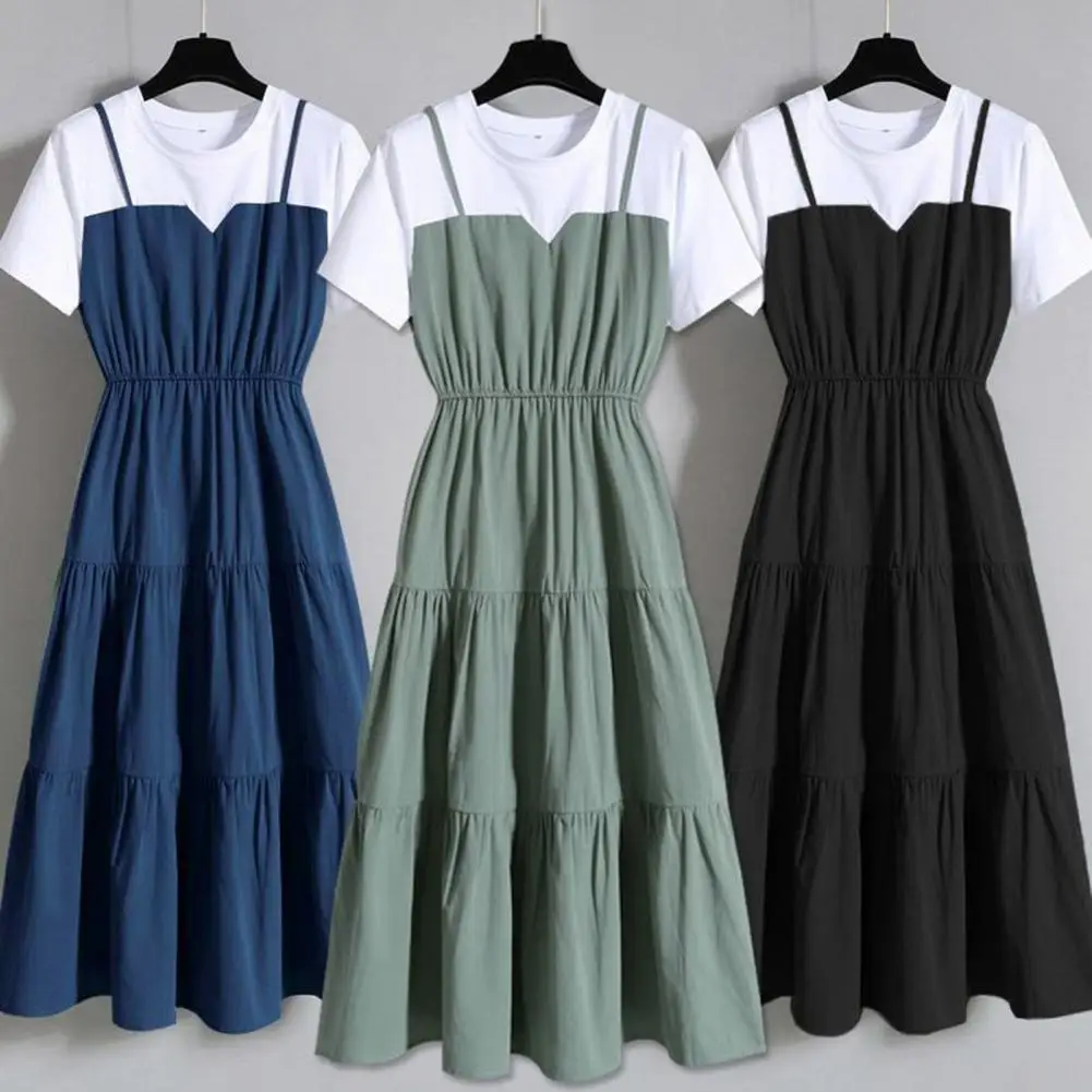 kf-Sf2a62af058644800be84943d3cb36c42t 2024 Fashion Strap Fake Two piece Dress Block Summer Short sleeved Dress Women's Waist Tight Dress - Image 1