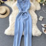 Summer Retro Sleeveless Denim Jumpsuit for Women Single Row Buckle Slim Fit Lace up Fashionable