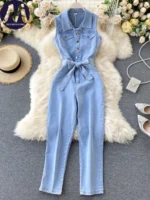 Summer Retro Sleeveless Denim Jumpsuit for Women Single Row Buckle Slim Fit Lace up Fashionable
