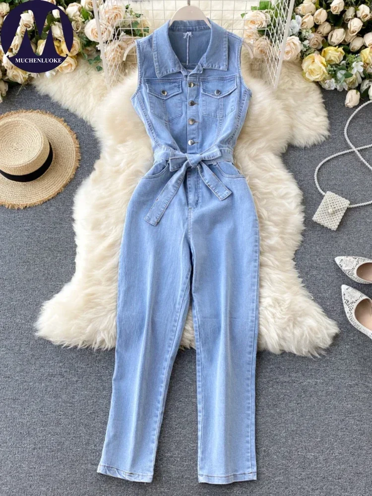 kf-Sf2e828c7814e47dc8c76d198cc92ccfcc Summer Retro Sleeveless Denim Jumpsuit for Women Single Row Buckle Slim Fit Lace up Fashionable - Image 1