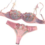 New Pink Transparent Bra Women Lingerie Set Ladies Embroidery Floral Bras Underwear Sets