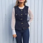 HH Women Fashion Golden Buttons O-Neck Sleeveless Waistcoat Elegant Tweed Vest With Belt 2025 Spring Female Outerwear Tops