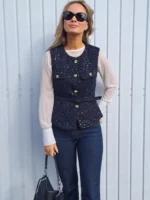 HH Women Fashion Golden Buttons O-Neck Sleeveless Waistcoat Elegant Tweed Vest With Belt 2025 Spring Female Outerwear Tops