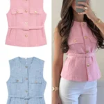 HH Women Elegant Solid Belt Vests Tops O Neck Metal Button Sleeveless Waistcoat Office Lady Outerwear Casual Blazer Tops