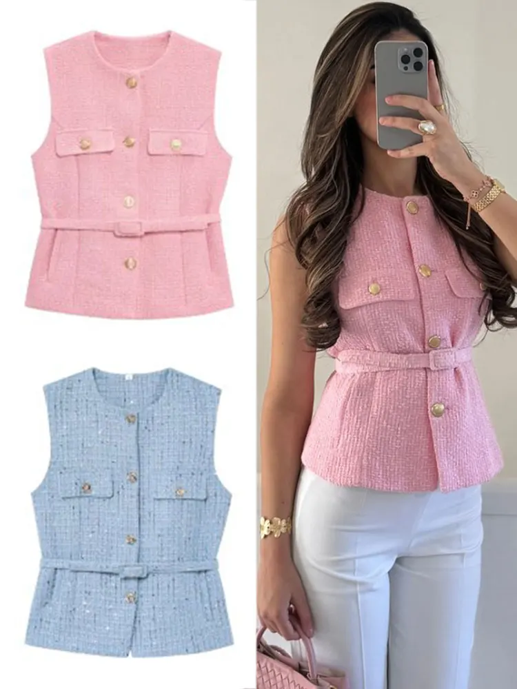 kf-Sf40aadc968ea46ab9f0d1f21c7fccb54G HH Women Elegant Solid Belt Vests Tops O Neck Metal Button Sleeveless Waistcoat Office Lady Outerwear Casual Blazer Tops - Image 1