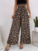 2025 summer temperament leopard print casual pants with women's print, elastic waistband, sagging feeling, wide leg pants
