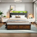 Comanlai 180/160/140×200cm Double Upholstered Bed with LED Light Strip, 4 Drawers and Storage Space, and Headboard with USB - Image 5