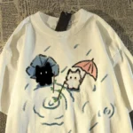 Loose Soft T-shirt with A Cute Black and White Japanese Cat Pattern A Summer Short-sleeved Top Women Clothing Graphic Tshirts