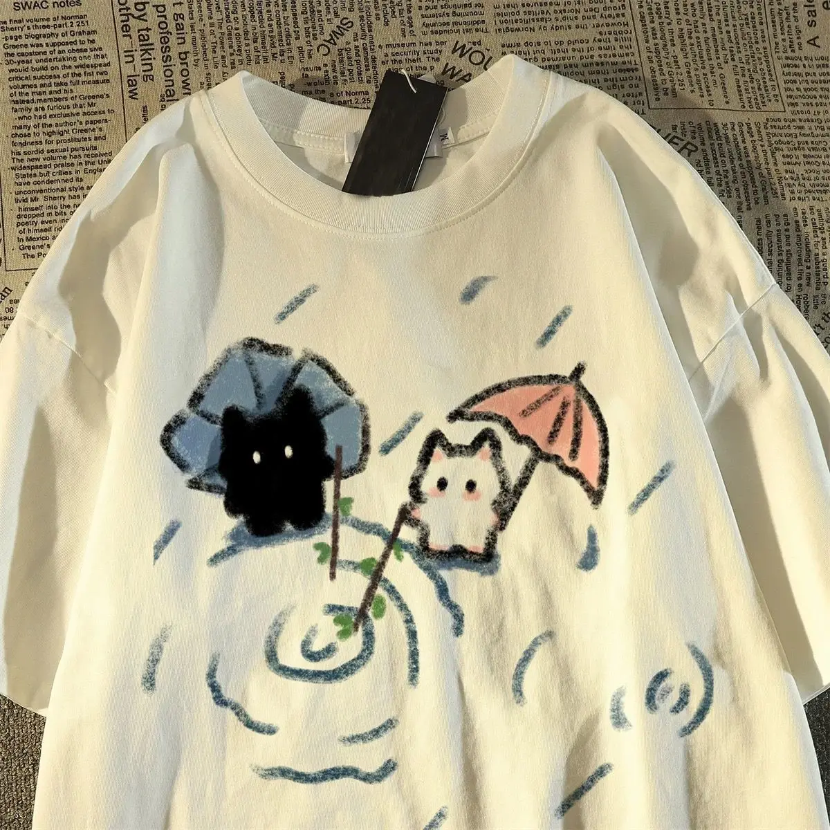 kf-Sf630de6376c44b15b21b45c2325c696aC Loose Soft T-shirt with A Cute Black and White Japanese Cat Pattern A Summer Short-sleeved Top Women Clothing Graphic Tshirts - Image 1