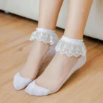 Women Lolita Transparent Mesh Crew Socks Sweet Ruffled Lace Trim Bowknot Cute Love Heart Pattern Anime Princess Hosiery - Image 2